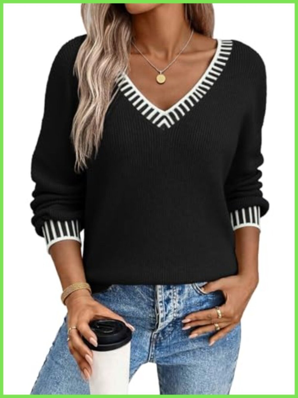 V Neck Long Sleeve Contrast Stitch Cable Knit Pullover Sweater